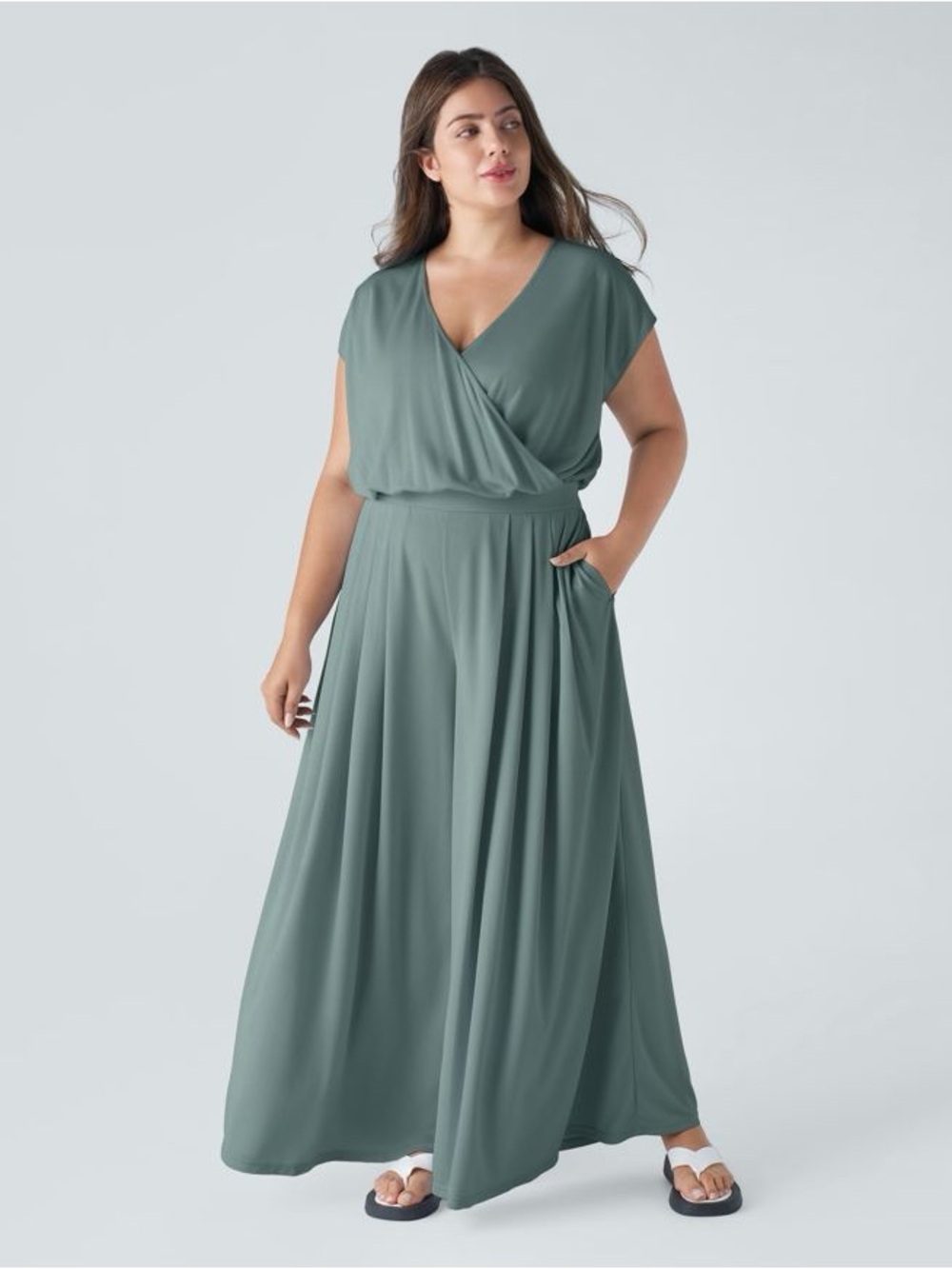 HALARA Sage Green Surplice Maxi Dress with Pockets
